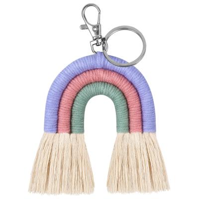 China Leather Custom Women Bag Decoration Key Chain Handmade Woven Tassel Boho Macrame Pendant Rainbow Ornaments Key Chain for sale