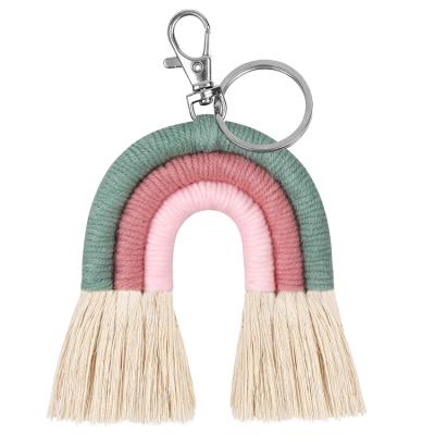 China Leather Custom Women Bag Decoration Key Chain Handmade Woven Tassel Boho Macrame Pendant Rainbow Ornaments Key Chain for sale