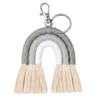 China Leather Custom Women Bag Decoration Key Chain Handmade Woven Tassel Boho Macrame Pendant Rainbow Ornaments Key Chain for sale