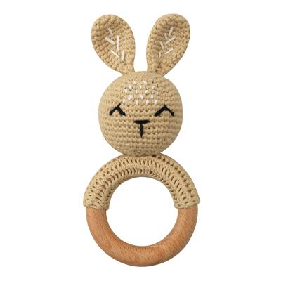 China BPA Free New Design Handmade Weave 1 PC Animal Rabbit Ring Wood Bracelet Teether Baby Teether Rattle for sale