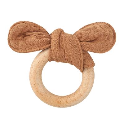 China Wooden Teething Ring Teethers BPA Free Shaped Beech Ear Cotton Muslin Rabbit Quilt Fabric Baby Shower Teethers for sale