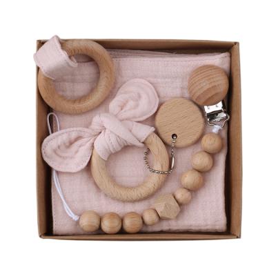 China BPA Free Cotton 3 Baby Teether Holder Newborn Pacifier Clips Teething Bracelets Soother Infants Teether Box Set Cute Baby Teethers for sale