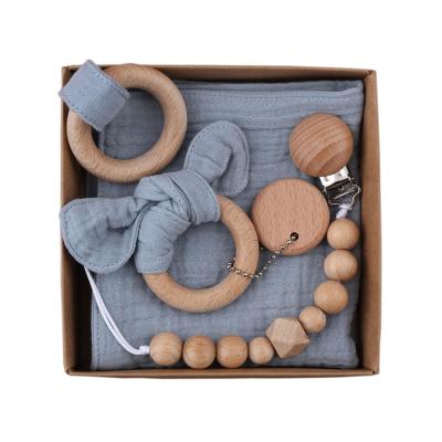 China BPA Free Cotton 3 Baby Teether Holder Newborn Pacifier Clips Teething Bracelets Soother Infants Teether Box Set Cute Baby Teethers for sale