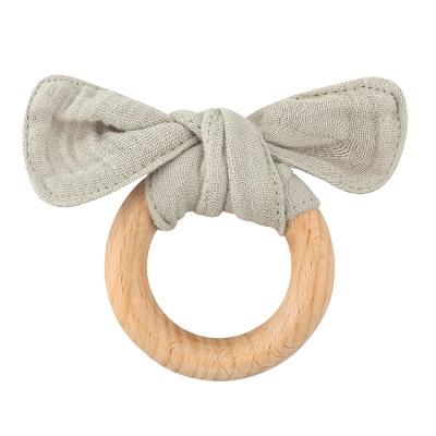 China Wooden Teething Ring Teethers BPA Free Shaped Beech Ear Cotton Muslin Rabbit Quilt Fabric Baby Shower Teethers for sale