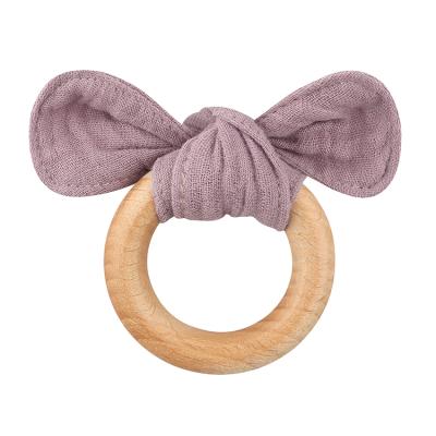 China Wooden Teething Ring Teethers BPA Free Shaped Beech Ear Cotton Muslin Rabbit Quilt Fabric Baby Shower Teethers for sale