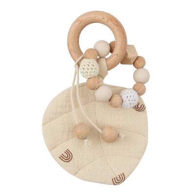 China BPA Free Baby BPA Free Cotton Leaves Teethers Beech Wooden Weave Beads Ring Baby Teethering Toy Teethers for sale