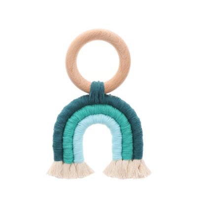 China BPA Free Teething Toys Safety Wooden Rainbow Crochet Teether Rings Baby Care Baby Shower Accessory Gifts for sale