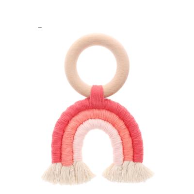 China BPA Free Teething Toys Safety Wooden Rainbow Crochet Teether Rings Baby Care Baby Shower Accessory Gifts for sale