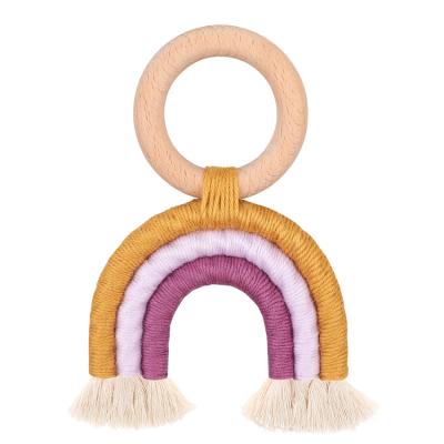 China BPA Free Teething Toys Safety Wooden Rainbow Crochet Teether Rings Baby Care Baby Shower Accessory Gifts for sale