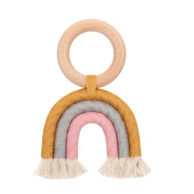 China BPA Free Teething Toys Safety Rainbow Wooden Crochet Teether Rings Care Baby Shower Accessory Gifts for sale