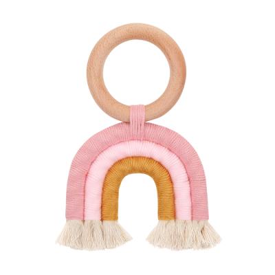 China BPA Free Teething Toys Safety Rainbow Wooden Crochet Teether Rings Care Baby Shower Accessory Gifts for sale