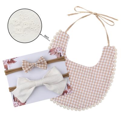 China BPA Free Hot Sale Baby Cotton Bib With Bow Headband Set For Girls 3 Pcs In One Set for sale