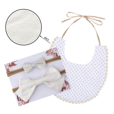 China BPA Free Hot Sale Baby Cotton Bib With Bow Headband Set For Girls 3 Pcs In One Set for sale