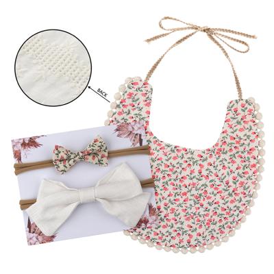 China BPA Free Hot Sale Baby Cotton Bib With Bow Headband Set For Girls 3 Pcs In One Set for sale