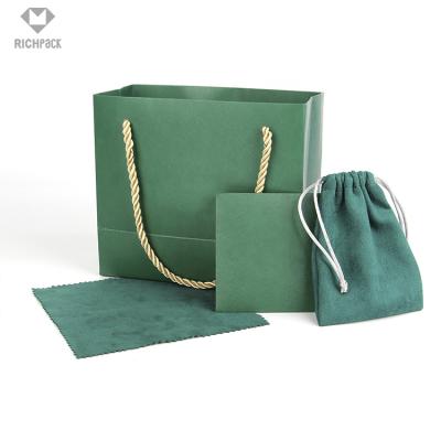 China Jewelery packaging mint color gift paper box dark green jewelry box with white sliver paper bags for sale