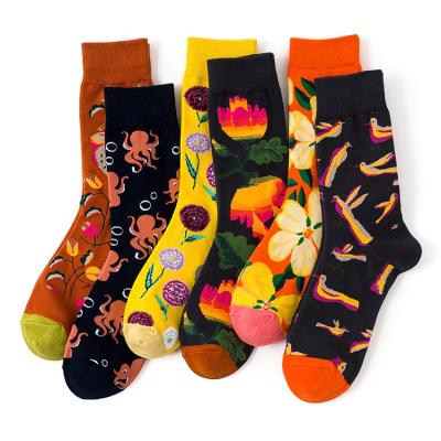 China Amazon Antibacterial Hot Sale Fashion Leaves Flowers Custom Cotton Socks Long Baseball Crew Socks Happy Socks for sale