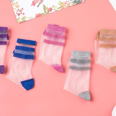 China Factory Supply Antibacterial Wholesale Ladies Ice Silk Glitter Thin Slouch Sock Striped Colorful Women Crew Socks for sale