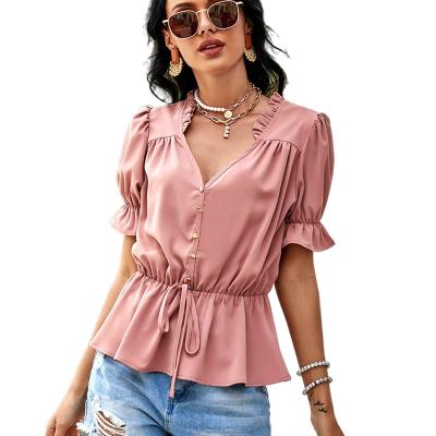 China New Fashion Women's Customization Solid Color Short Sleeve Shirt V-Neck Tie Waist Casual Blouse QUICK DRY for sale