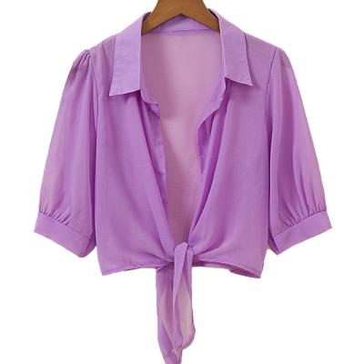 China Sale Women's Solid Color Chiffon All-match Sleeve Shorts Summer Ladies Slim Short Casual Shirt Wholesale QUICK DRY Warm Tops for sale