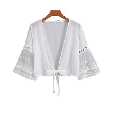 China QUICK DRY Fashion Women Summer Chiffon Casual Shirt Flared Sleeve Lace Stitching Slim Cardigan Cropped Tops for sale