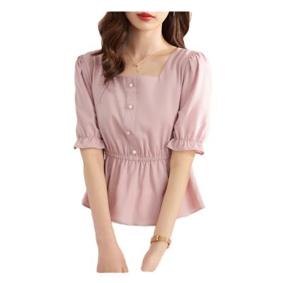 China Factory Price Customization Women Summer QUICK DRY Square Neck Short Sleeve Chiffon Shirt Ladies Size Slimming Loose Blouse Tops for sale