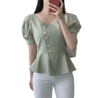 China QUICK DRY Custom Made High Quality Round Neck All-match Summer New Arrival Women Button Waist Button Slant Sleeve Ladies Oblique Blouse for sale