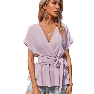 China 2022 New Style Women's QUICK DRY Short Sleeve Shirt Solid Color Chiffon Shirt Women's Casual Loose Blouse for sale