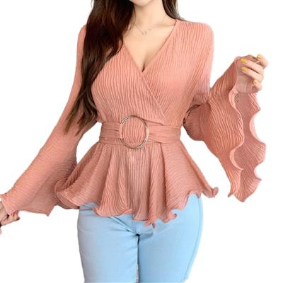 China Wholesale 2022 new style solid shirt QUICK DRY with thin ruffled top v neckline chiffon lace up blouse waist controlled waistband women for sale