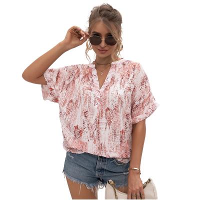 China Custom Made Summer QUICK DRY Custom Hot Sale Women's Chiffon Printed Blouse Casual Short V-neckline Loose Shirt Top for sale