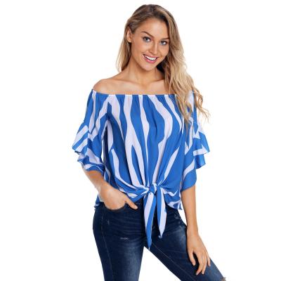 China Wholesale New Summer High Quality QUICK DRY Fashion Casual Striped Shirts Oversized Tops Printed Women Off Shoulder Blouses for sale