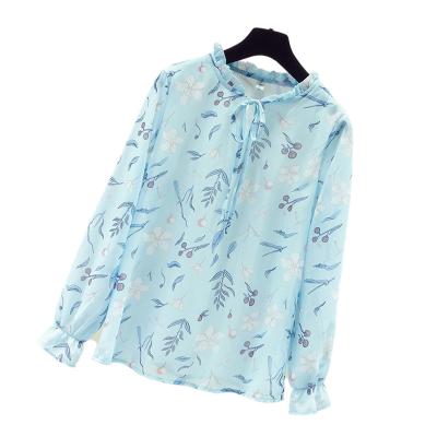 China High Quality QUICK DRY Floral Print Loose V-Neckline Chiffon Fashion Long Sleeve Over Size All-match Women Blouse for sale