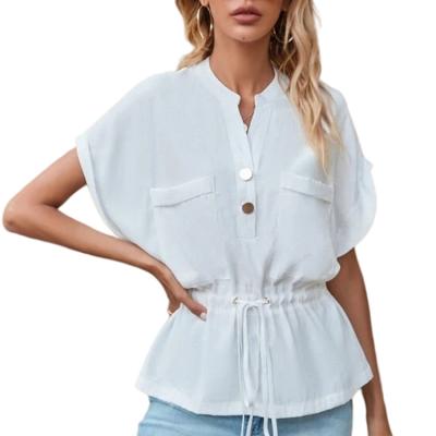 China New Fashion Breathable Elegant High Quality Elegant Short Sleeve Waist Belted Solid Color Button Chiffon Women Blouses for sale