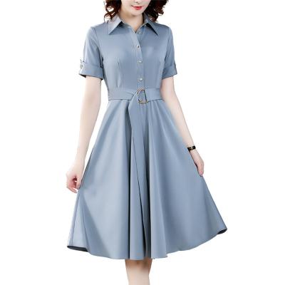 China New Fashion Hot Sale Women Summer Anti-Static Short Sleeve Elegant Lapel Waist With Solid Color Lace-Up Swing Mid Length Dresses Large Size for sale