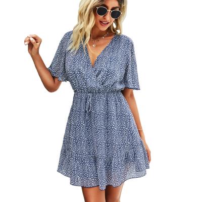 China Custom Wholesale Fashion Anti-wrinkle Women Summer Short Sleeve New Leopard Print V-Neck Ruffled Skinny Elegant Dress For Ladies for sale