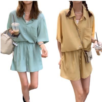 China New Arrival Summer High Quality Ladies Anti-pilling Solid Color 2 Piece Suit Lapel Short Sleeve Straight Blouse And Shorts Set for sale