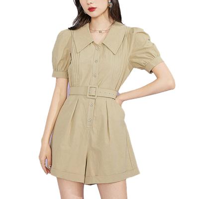 China Factory direct supply Anti-wrinkle women's summer short-sleeved jumpsuit hot sale loose news cotton high waist jumpsuits French lapel straps for sale