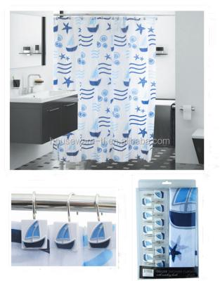 China Sailing Sustainable Design Blue Ocean Luxury Fabric Shower Curtain With Resin Hooks Or C Hooks Set Of 13 for sale