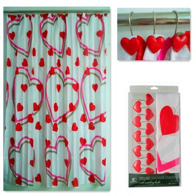 China Sustainable Hot Sale Love Design Printing Polyester Shower Curtain With Resin Hooks Set Of 13 for sale