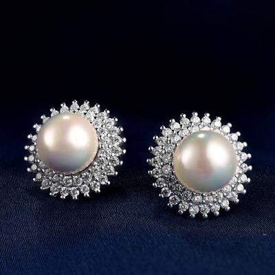 China 925 Silver Diamond Big Shiny Moissanite CZ Diamond Stud Earrings Moissanite CZ Pearl For Women HC0036 for sale