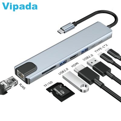 China Laptop New 8 in 1 USB C Adapter USB C RJ45 USB 3.0 Multi Port PD/TF Card Reader Type C Hub Laptop Docking Station for sale