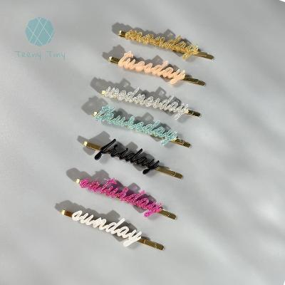 China Clip Set of 7 Teenytiny Minimalist Glittery Glitter Letters or Word Acrylic Custom Hair Clips Set for Bridesmaids or Wedding for sale