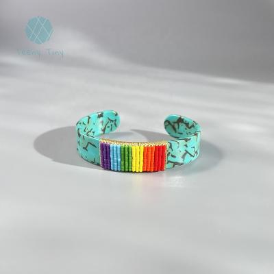 China Turquoise TRENDY Acetate Teenytiny Open Bangle With Rainbow Miyuki Beads Seed Beaded Statement Cuff Bangle Bracelet for sale