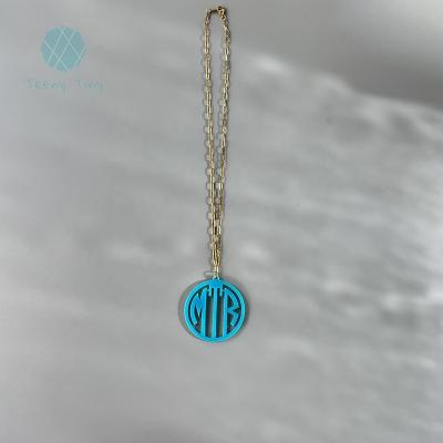 China Teenytiny 14K Aqua Blue Block Acrylic Circle Gold Plated Punk Monogram Disc Pending Necklace for sale