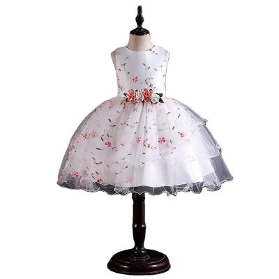 China Pujiang Anti-Static Girl's White Embroidered Princess Skirt Mid Long Dress for Birthday Party Dresses for sale