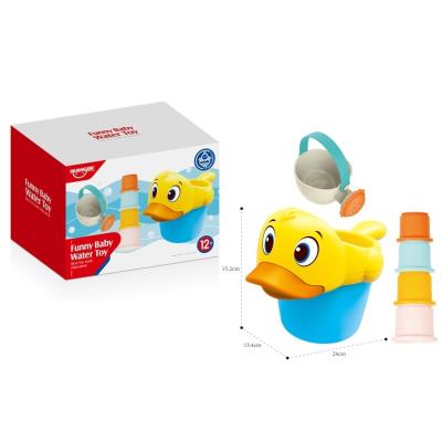 China Water Tool HUANGER Safe ABS Cardboard Water Loading Wash Bath Toy Set Plastic Duck Spray Can And Stack Cups Play Set For Kids for sale