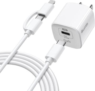 China 2in1 Quntis 30W PD3.0 Fast Wall Charger For Smartphone Adapter With 2in1 Cable Cord Port USB Charging C C for sale