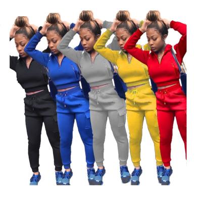 China 2021 Breathable Wholesale Splicing Solid Sweatpants And Custom Drop Zipper Hoodie Suit Embroidery Jogger Sweatsuit 2 PC Set For Women for sale