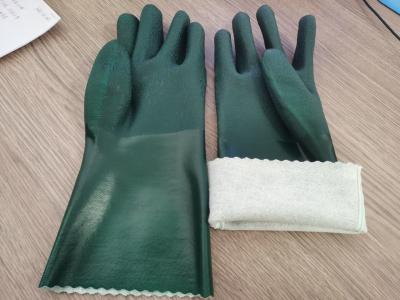 China Sandy finished surface 35cm flock cotton lined Dark green waterproof chemcial resistant anti slip Pvc dipped safety work gloves for sale