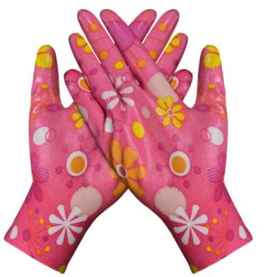 China 13G Flower Floral Printed PU Dipped Gloves For Woman Workers Garden Working for sale