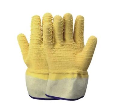 China Jersey Lining Latex Coated Gloves Yellow Foam Latex Work Gloves Crinkle Waved for sale